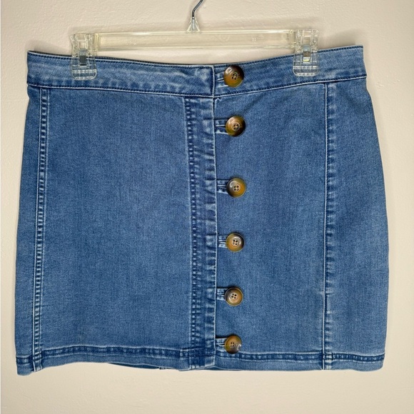 Free People Little Daisies Skirt Medium Wash Denim Button-Front Mini Size 10 - Picture 1 of 6
